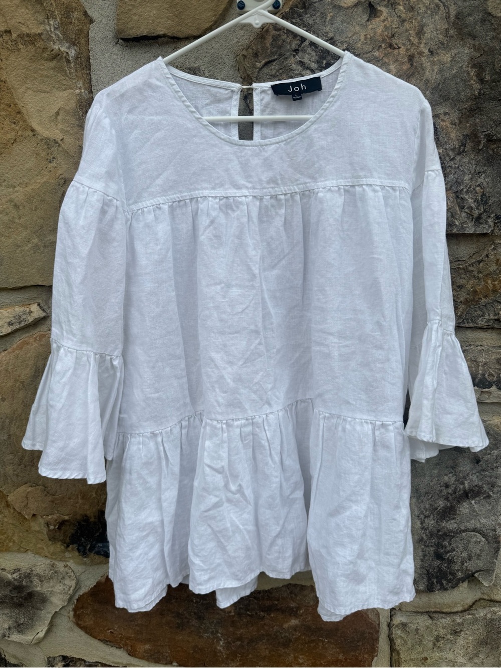 Coastal White 100% Linen Tiered Peasant Tunic Swim Cover-Up Large Beach